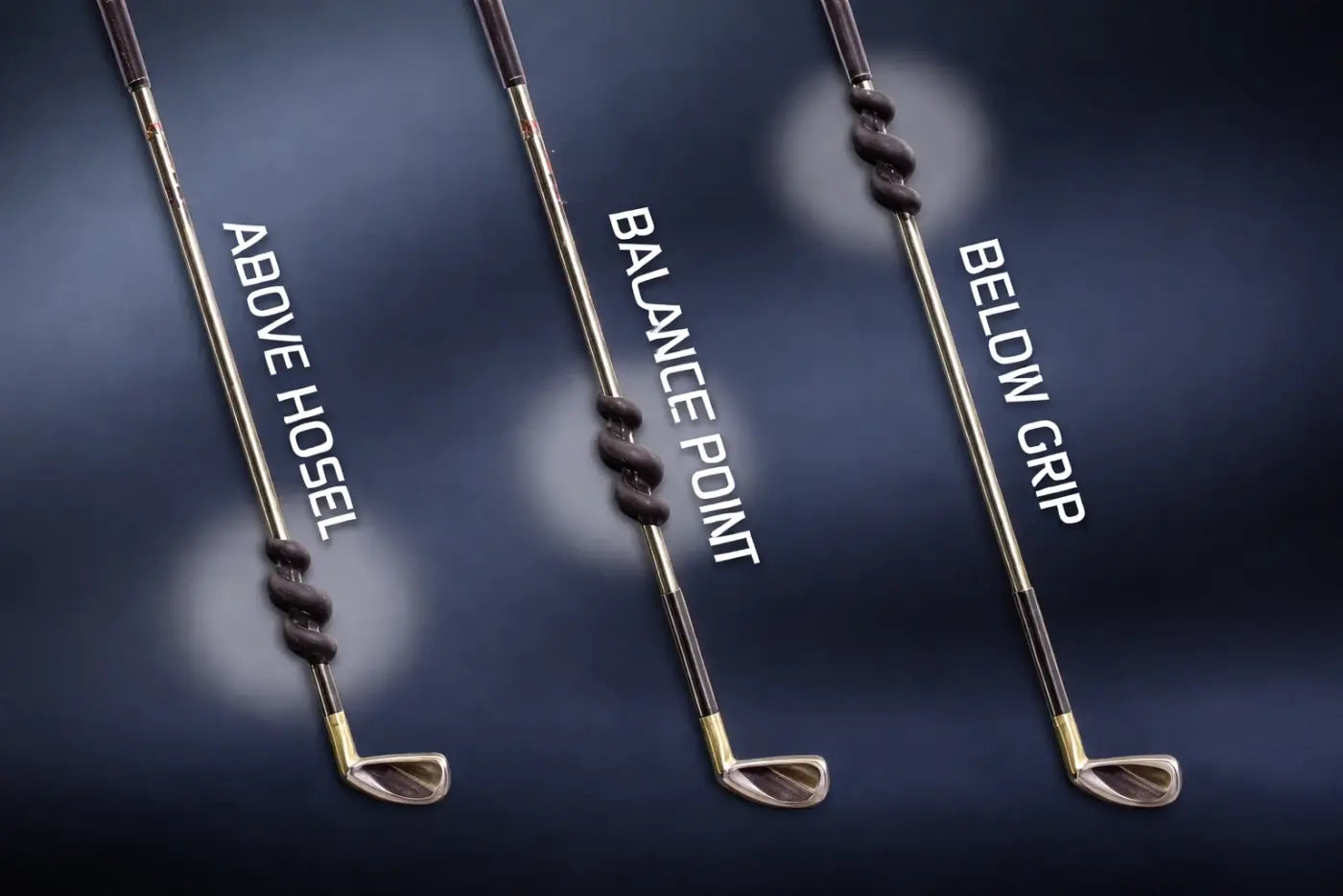 TORC Swingtrainer at three key shaft positions: above hosel, balance point, and below grip